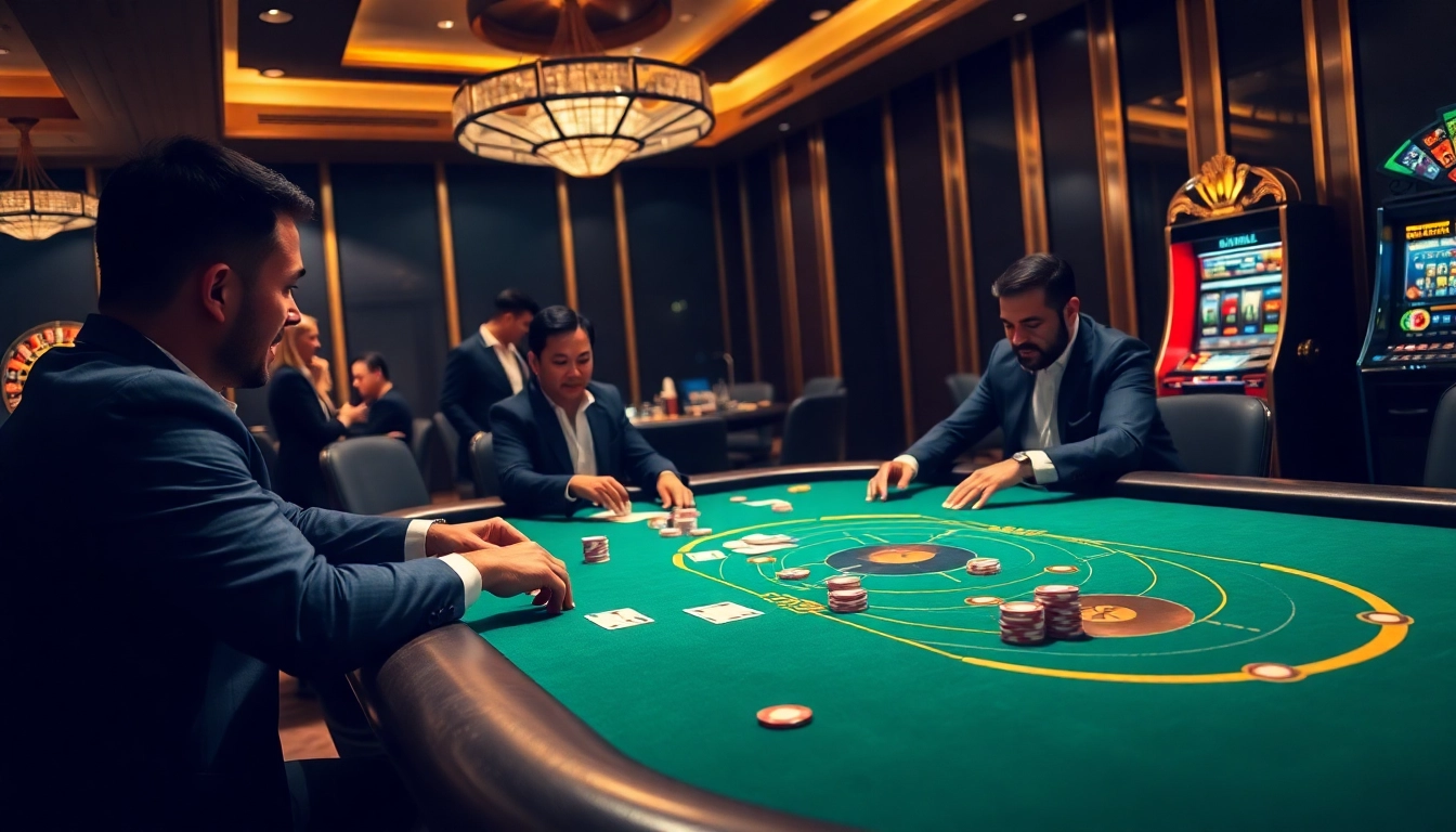 Engaged players at a keonhacai poker table, with vibrant chips and cards in action.