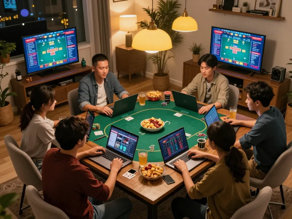 Friends playing online poker on laptops in a cozy living room, highlighting 789win gaming strategies.