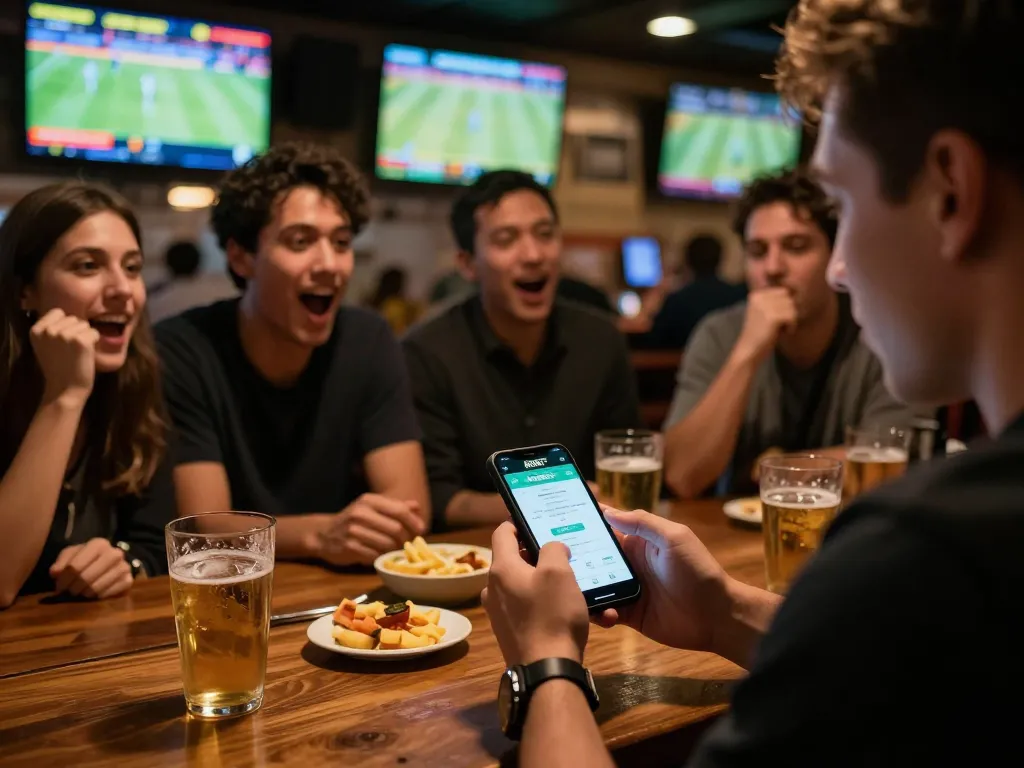 Engaging sports betting moment using KUBET app during a lively game night