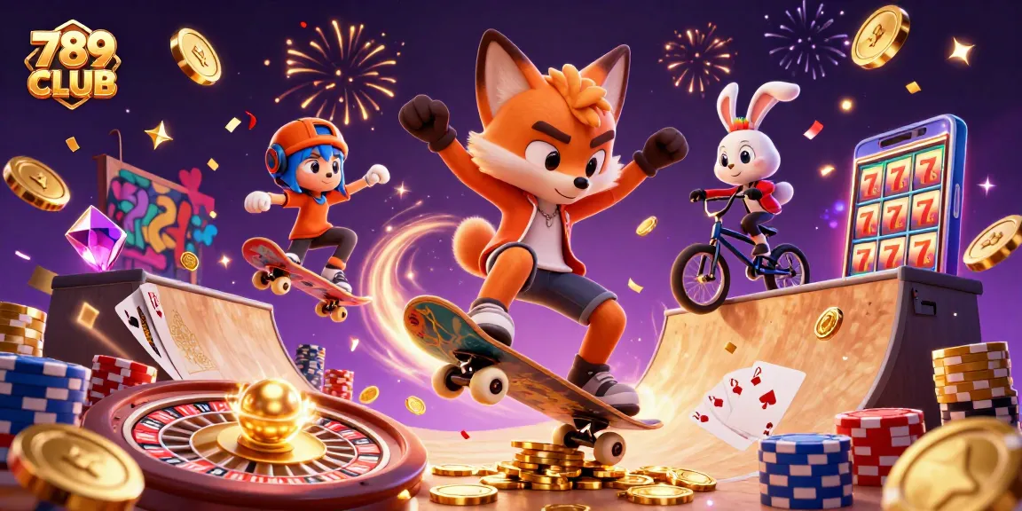 Experience the thrill of 789 CLUB with a dynamic scene featuring a skateboarder fox and BMX rabbit amidst casino excitement.