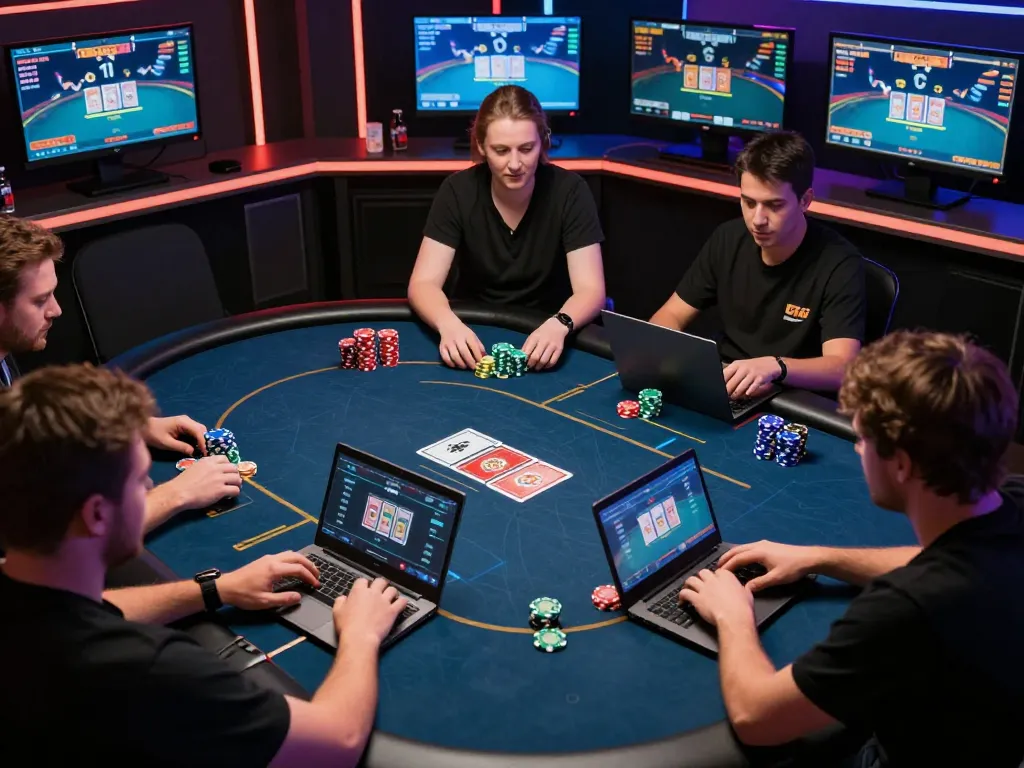 Hit club players strategizing during an online poker tournament on their laptops with colorful chips.