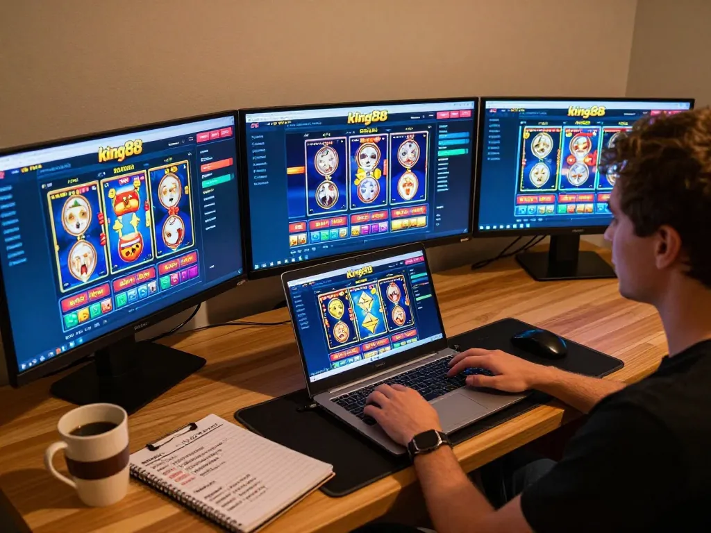 Person engaging in online casino gaming at king88 com with multiple screens and a cozy atmosphere
