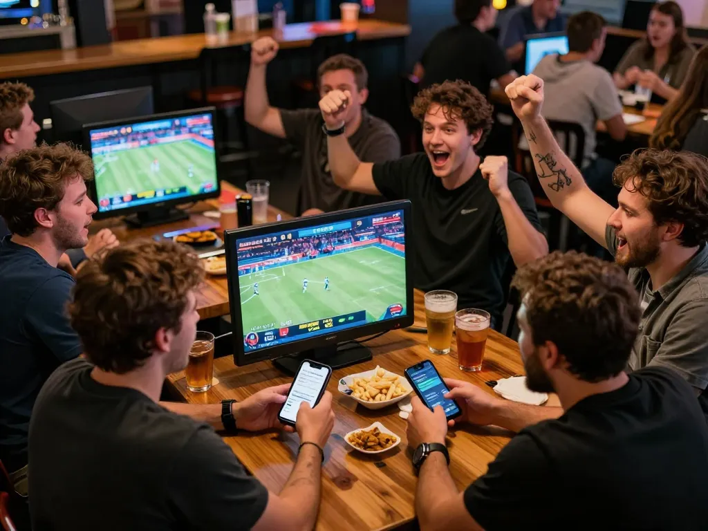 Tỷ lệ kèo nhà cái displayed on mobile app while friends cheer at sports bar