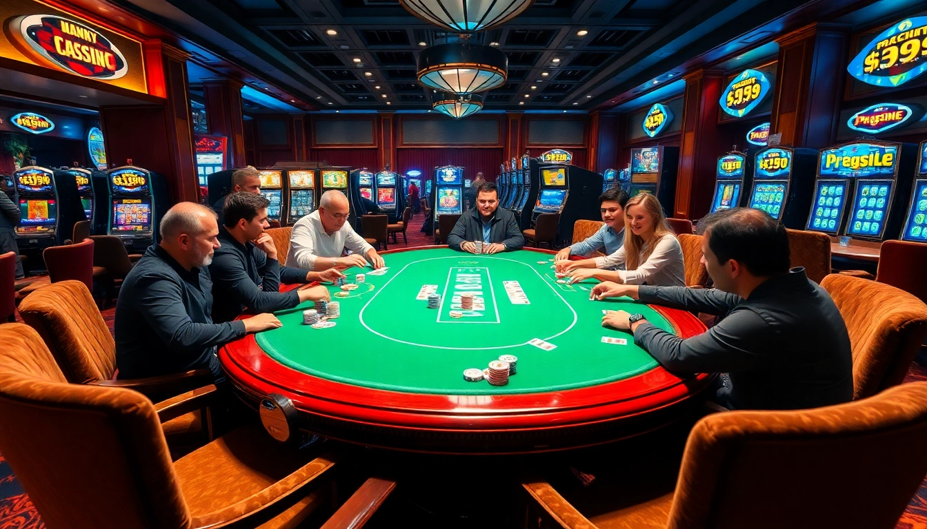 A lively card game at the jl55 club casino, showcasing poker tables and vibrant slot machines for ultimate gaming excitement.