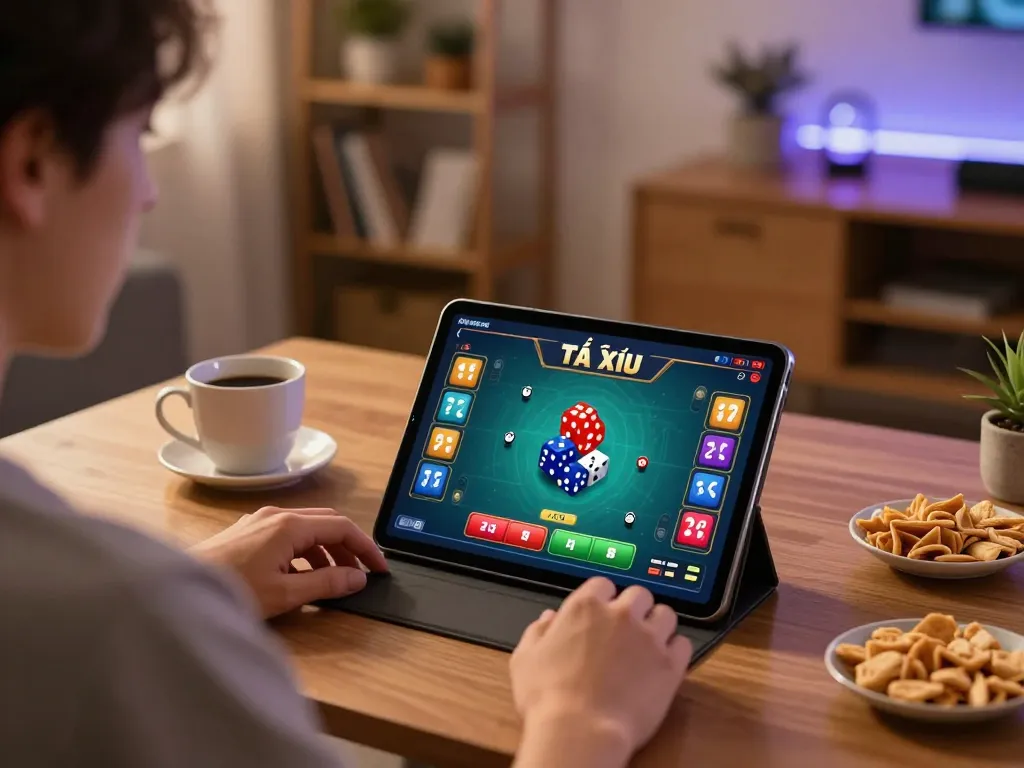 TaiXiuOnlineGo: Player engaged in online Tài Xỉu game on tablet showcasing interactive gaming interface.