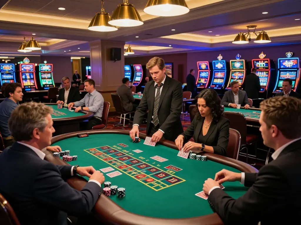 GO8 players engaged in strategic blackjack gameplay on a bustling casino floor, showcasing excitement and skill.