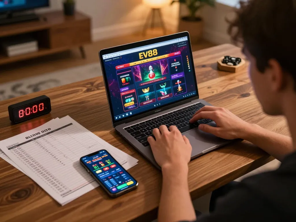 Engaging in online casino gameplay on Ev88 with strategic planning visible in the background.