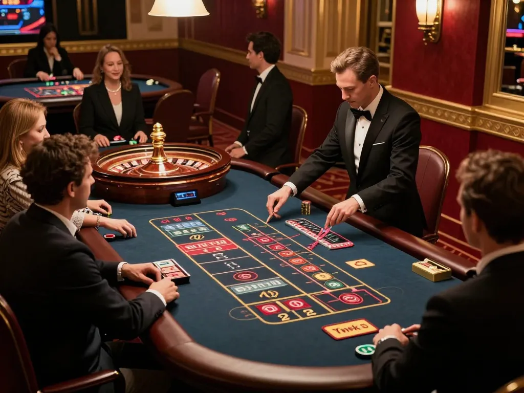 Players enjoy a thrilling roulette experience at VaoBet Casino, showcasing an upscale gambling environment.