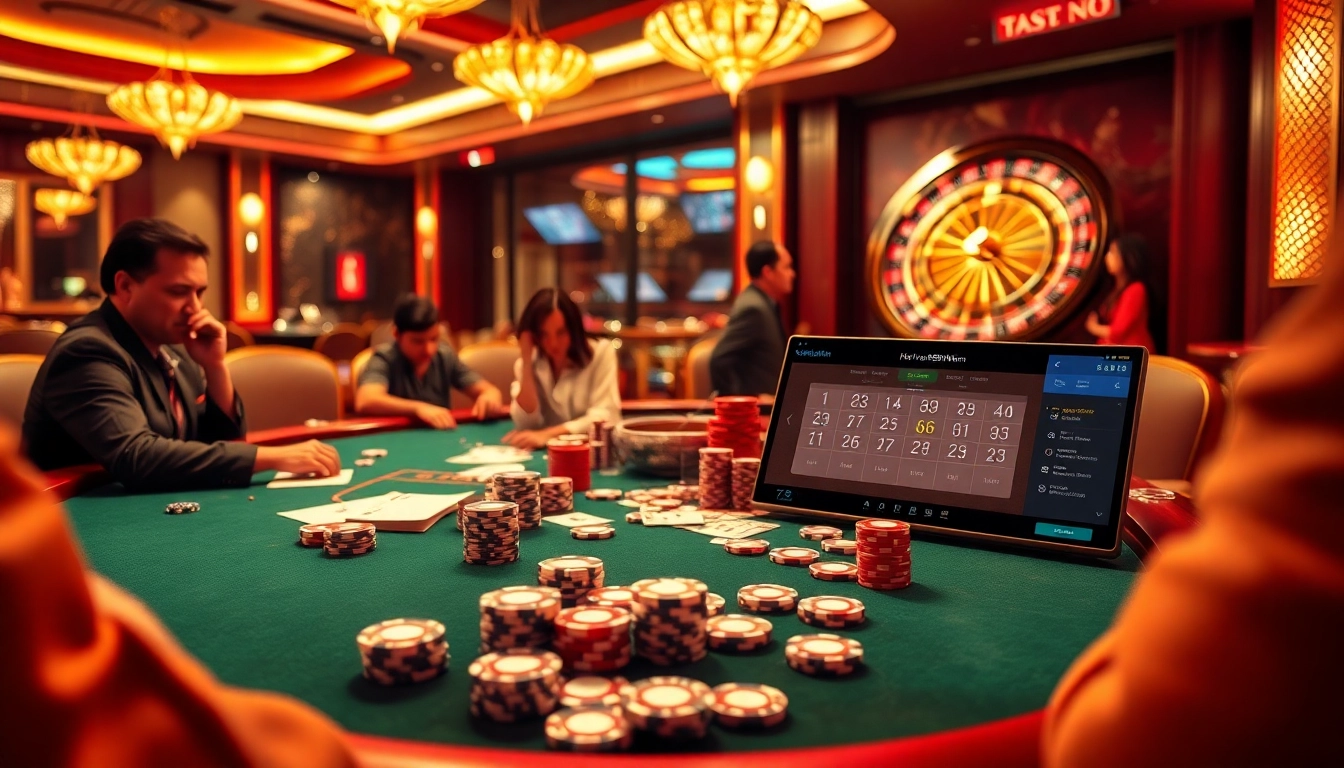Experience the thrill of gambling at https://win58win.com/ with players enjoying poker and roulette in a luxurious casino setting.