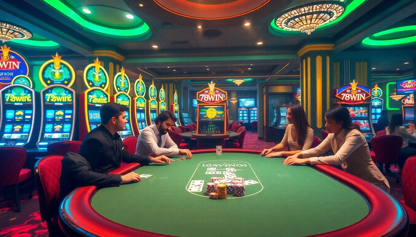 Players enjoying the thrill of poker at 78WIN casino, surrounded by vibrant slot machines.