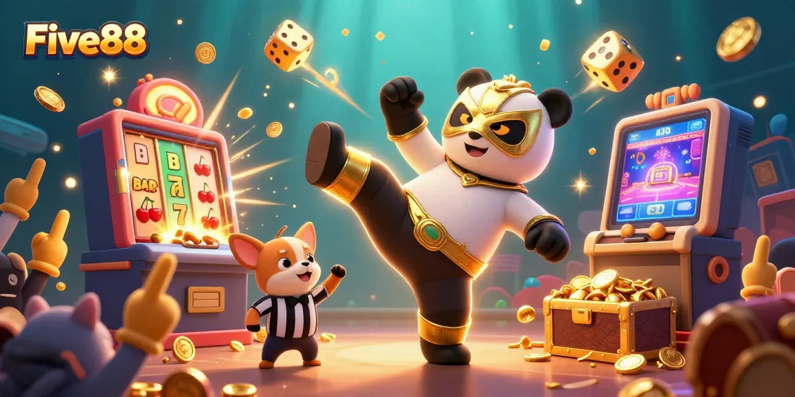 Experience excitement with Five88 as cartoon characters kick up casino fun in a colorful, lively illustration.