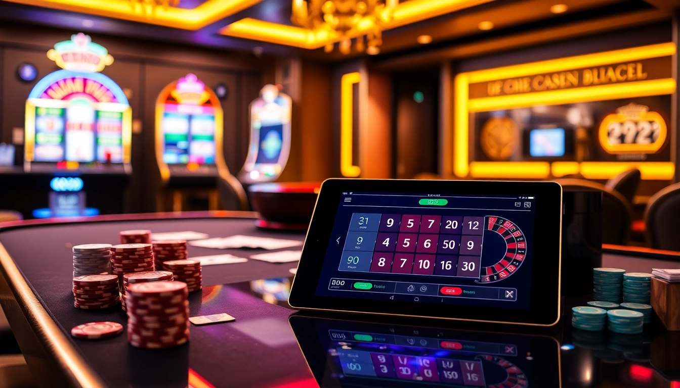 Exciting gaming scene at nhà cái 888b showcasing luxury casino elements like a roulette wheel and poker table.