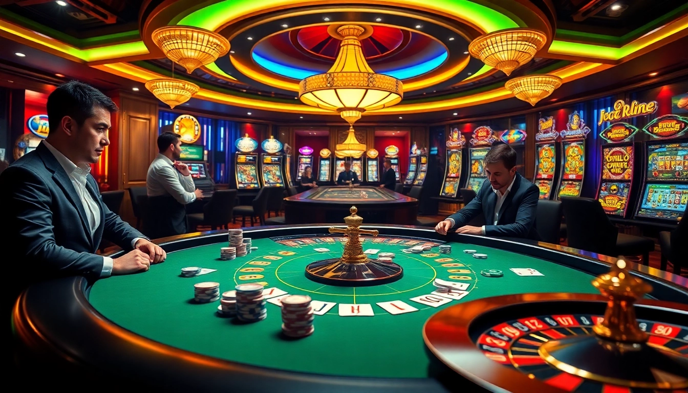 Exciting gameplay at 789f.site/ with players focused on a luxury poker table in a lavish casino setting.