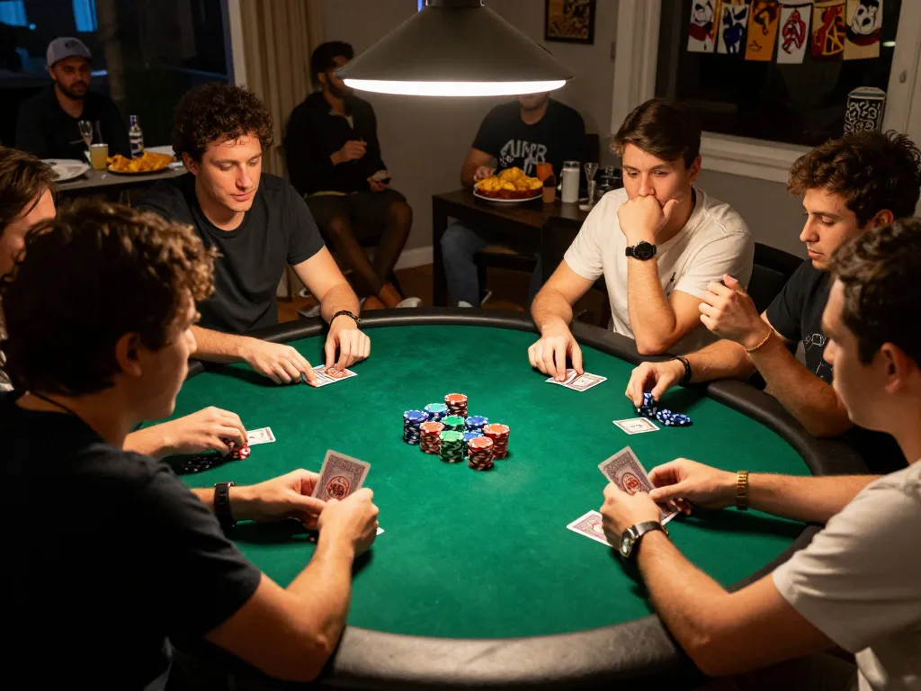 Engaging home poker night scene showing players at round table strategizing with cards while enjoying the atmosphere through fb88.com.