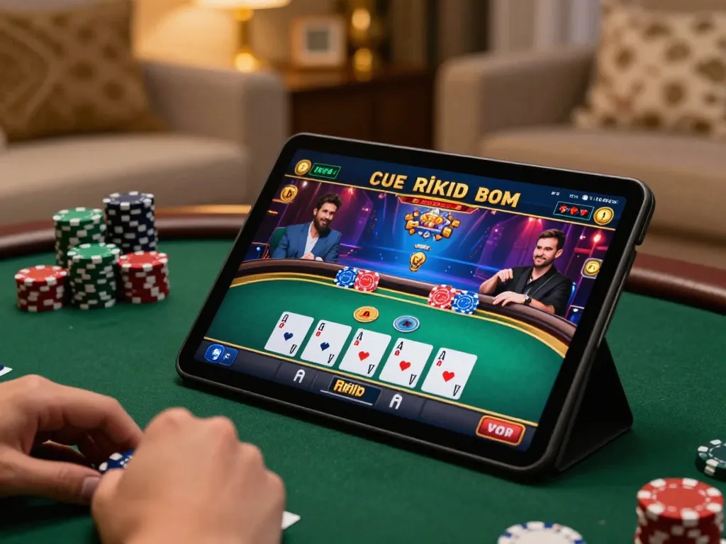 Engaged player enjoying a poker game on Rikvip with tablet in cozy home setup.