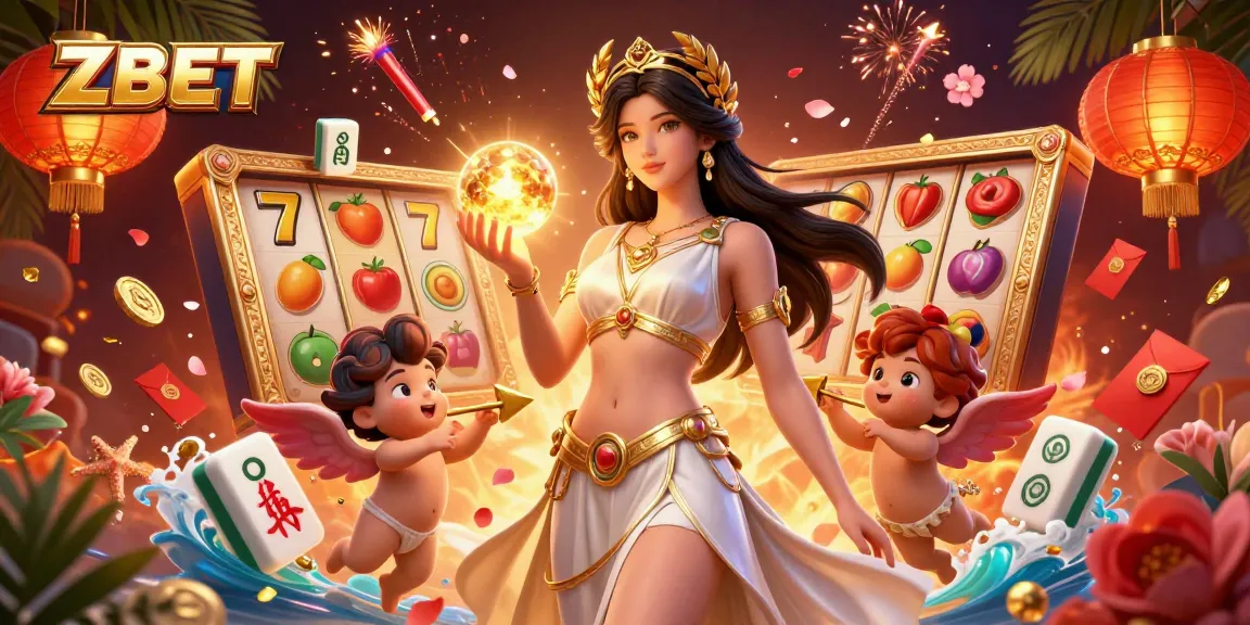 ZBET captivates with a dazzling casino scene featuring a stunning goddess, cherubs, and exciting slot game elements.