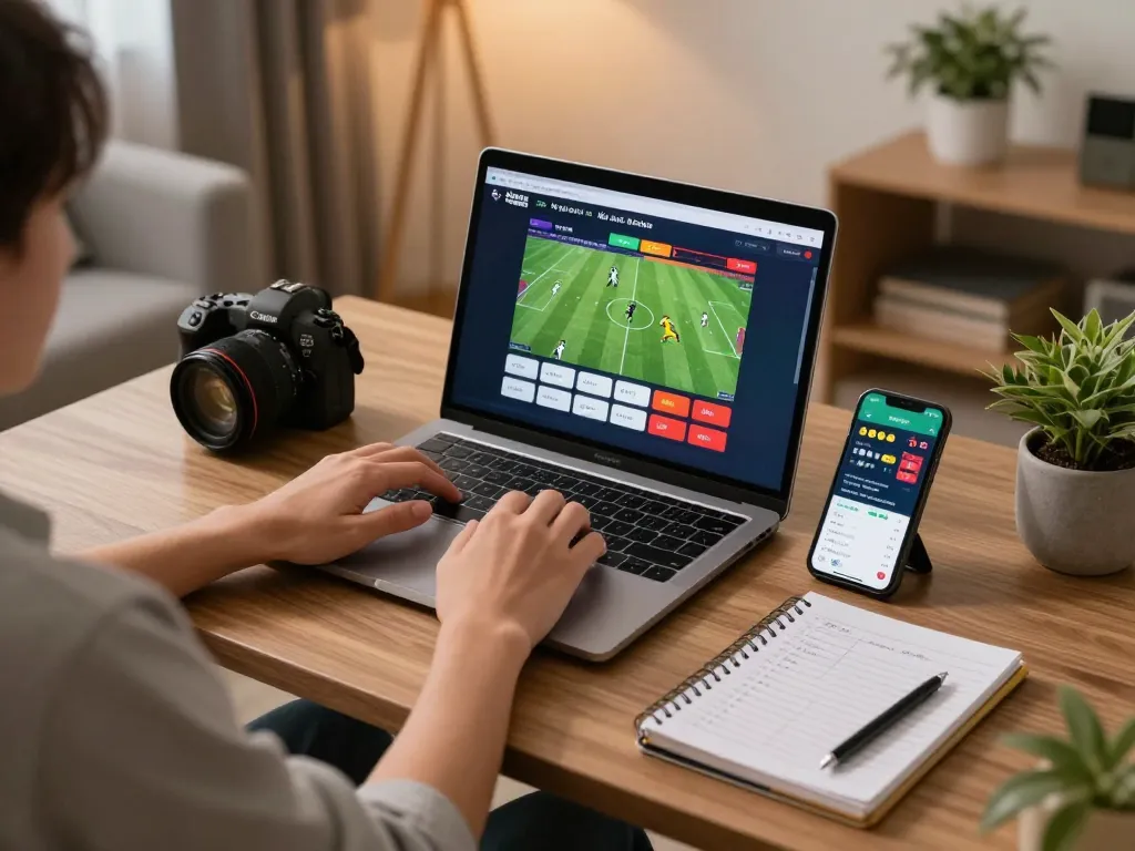 Engaging scene of a person using a laptop for kèo nhà cái sports betting at home.