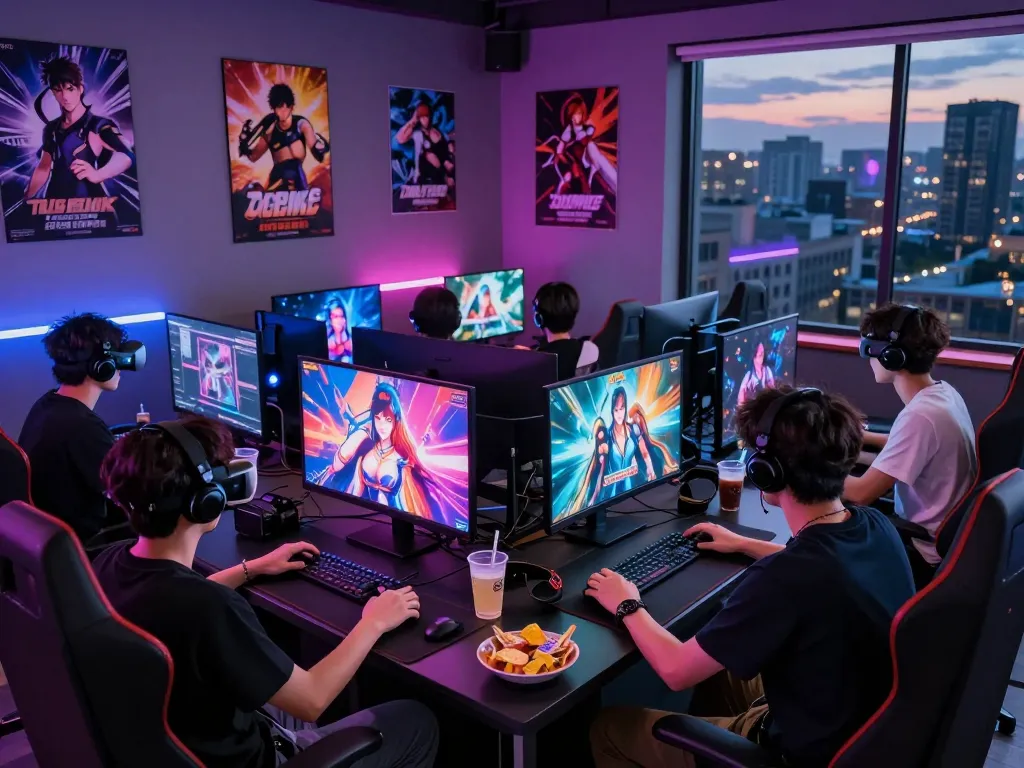 Engaging scene of friends playing interactive porn games together in a vibrant gaming room.