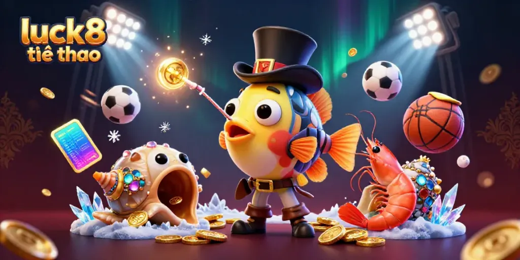 Engage with luck8 thể thao as the anglerfish attracts golden coins surrounded by dynamic sports elements.