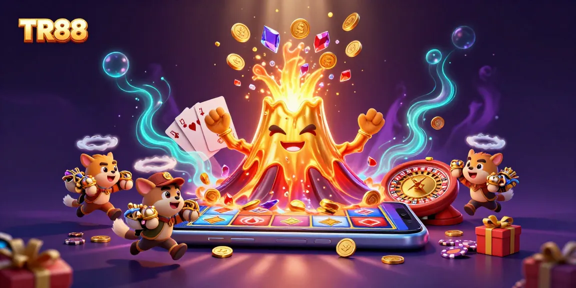 TR88 attracts players with a vibrant 3D illustration of a golden volcano erupting treasures in a dynamic casino scene.