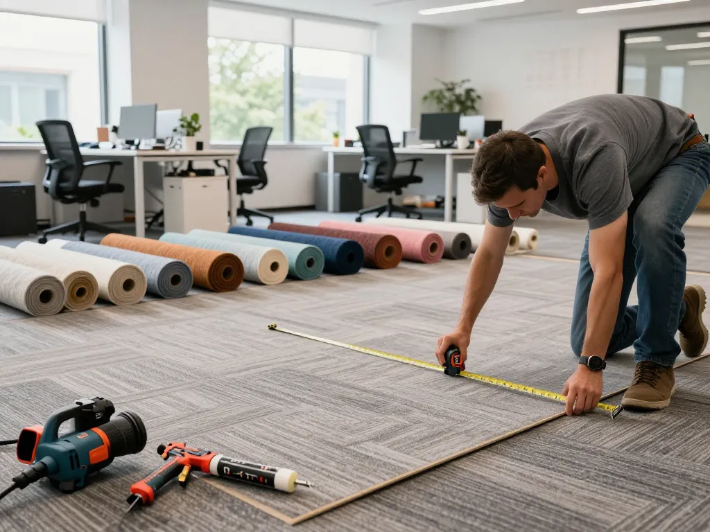 Professional commercial carpet installation in a modern office, showcasing skilled installer working with high-quality materials.