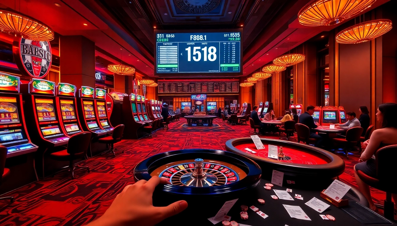 Experience the excitement of F168 with vibrant casino tables and slot machines in action.