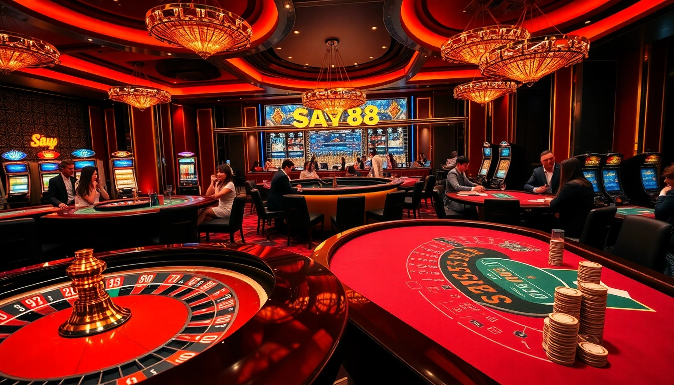 SAY88 casino scene with luxurious gaming tables, vibrant lighting, and excited players