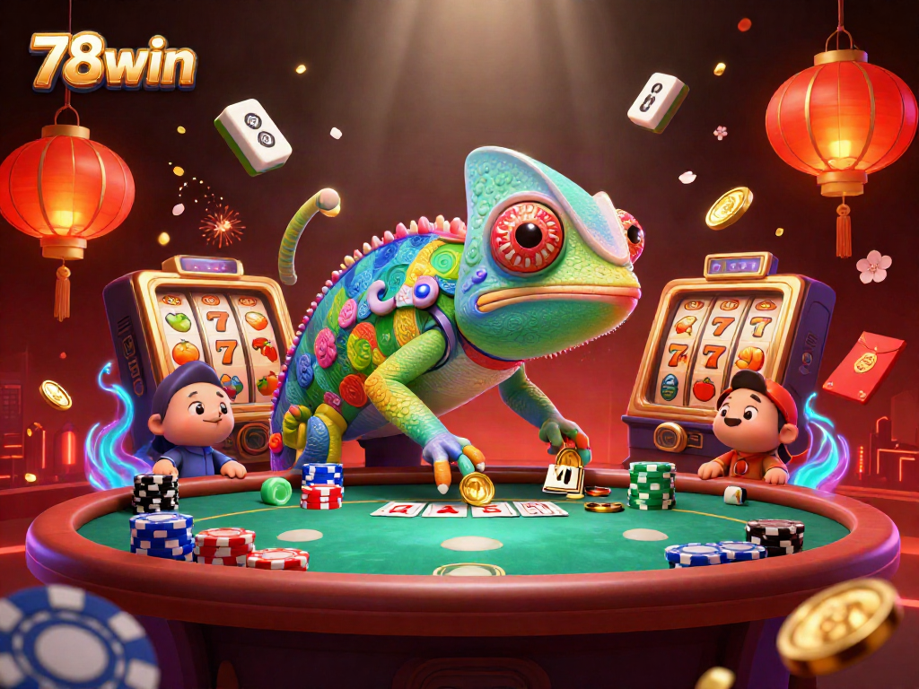 78win showcases a vibrant chameleon casino owner amidst slot reels and poker tables.