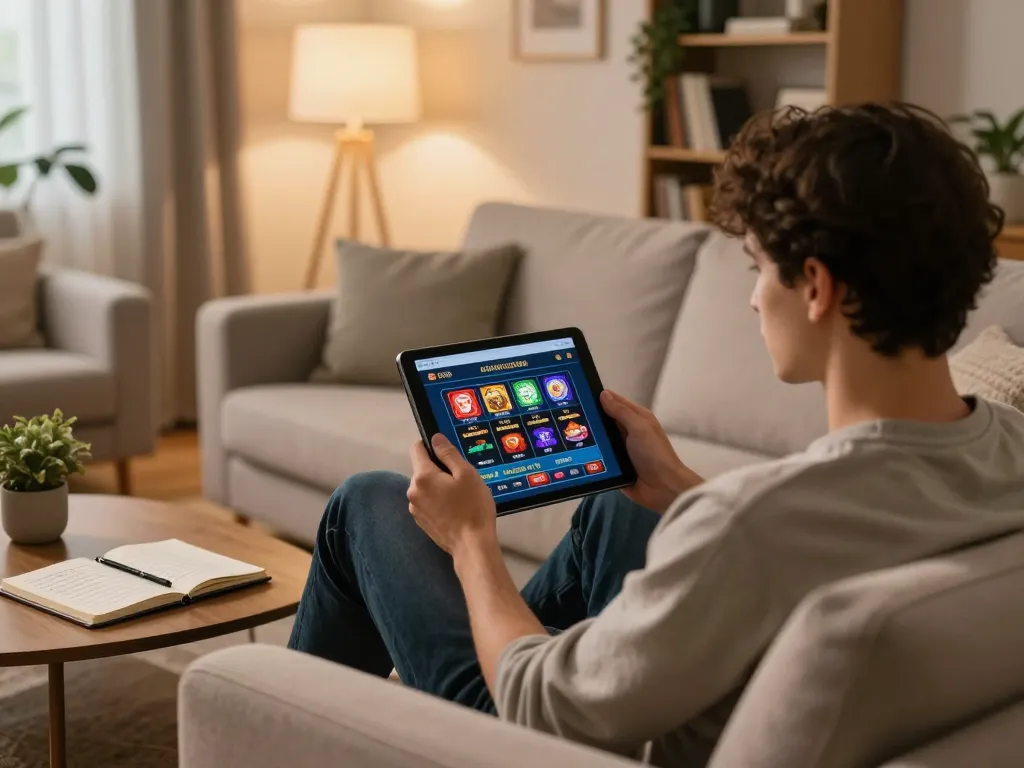 Engaging in SC88 online gaming on a tablet in a cozy home setting with strategy notes.