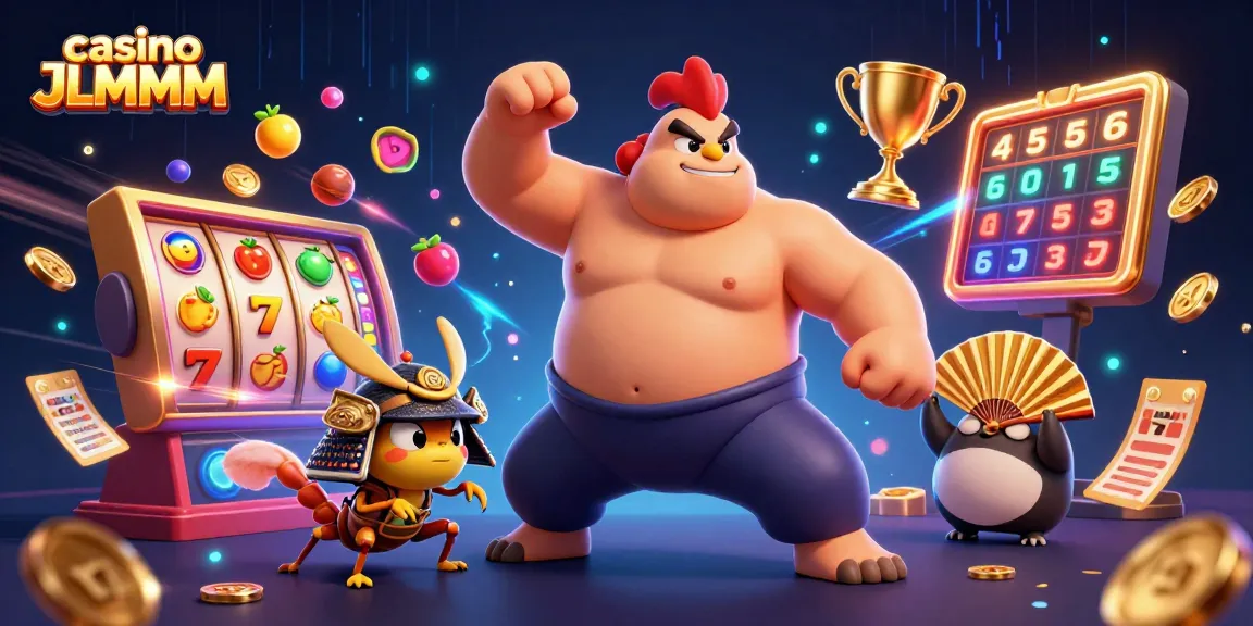 Engage with the thrilling world of casino JLMMM featuring dynamic sumo wrestling and slot machines in a vibrant 3D illustration.