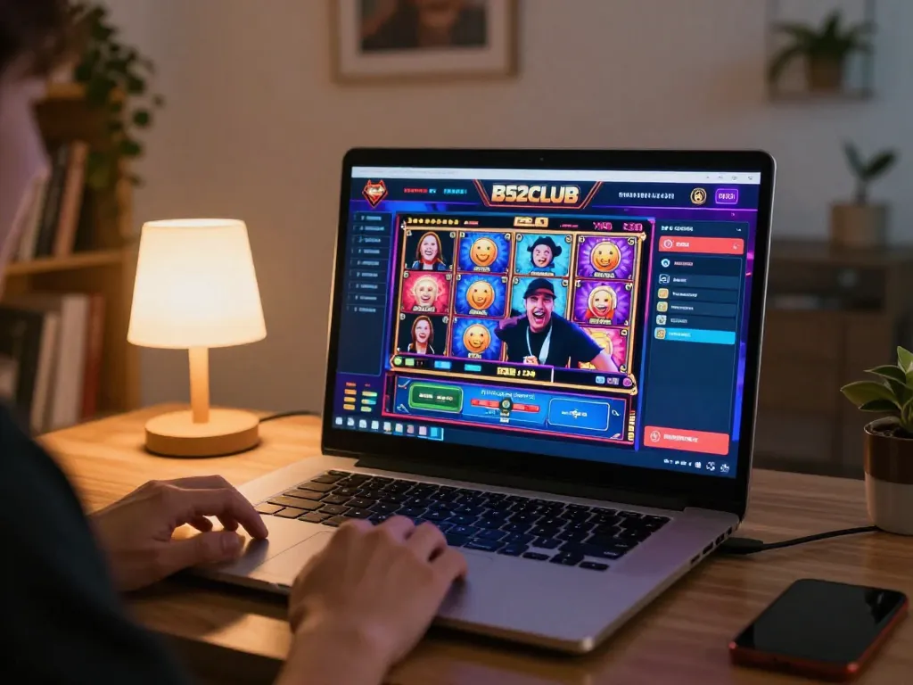 B52club player enjoying an interactive slot game on a laptop, immersing in online gambling excitement
