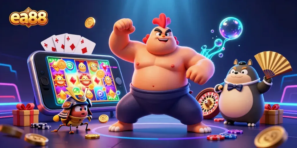 Engage in thrilling gaming experiences with ea88 as dynamic characters battle amidst vibrant casino elements.