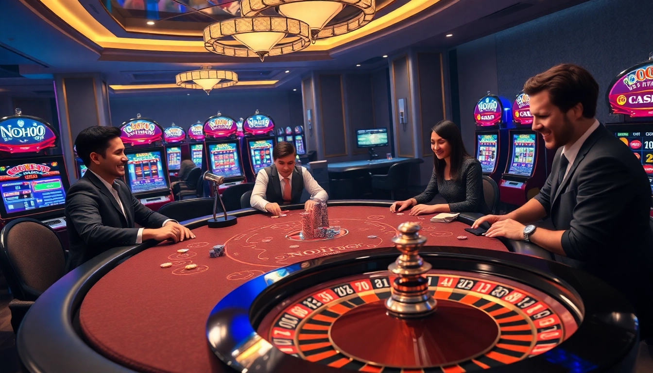 Nohu90 poker table with vibrant chips and professional dealers enhancing the casino experience.