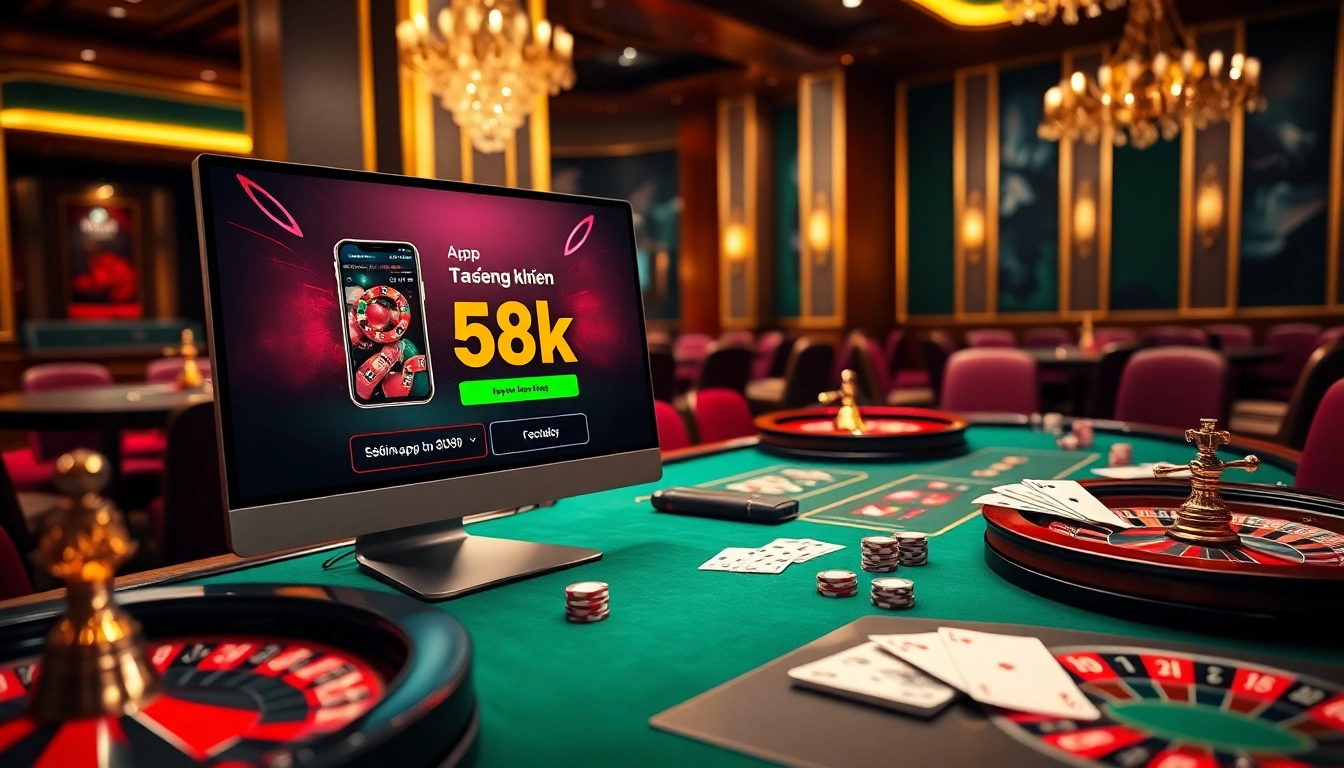 The scene showcases online gambling excitement with the app - đăng ký nhận 58k promotional offer surrounded by casino tables and gaming elements.