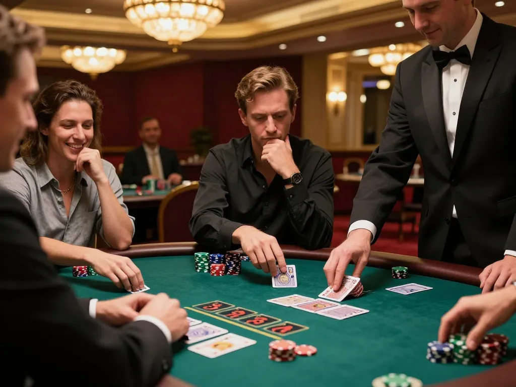 MM88 players strategizing big bets at an upscale blackjack table in a lively casino setting