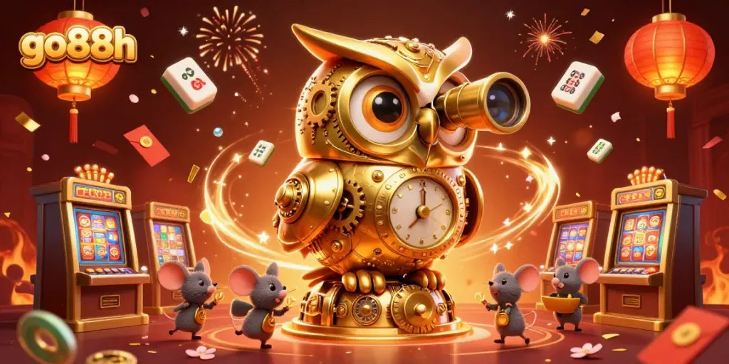Engage with go88h's vibrant casino scene featuring a clockwork owl amidst festive gaming elements.