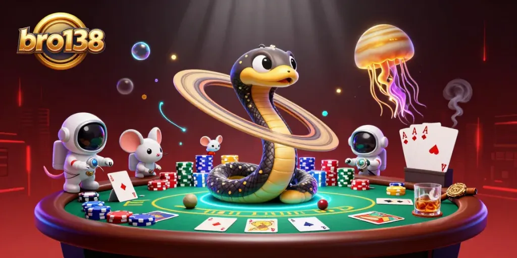 Engage with bro138's thrilling gameplay, featuring a vibrant cosmic casino scene.
