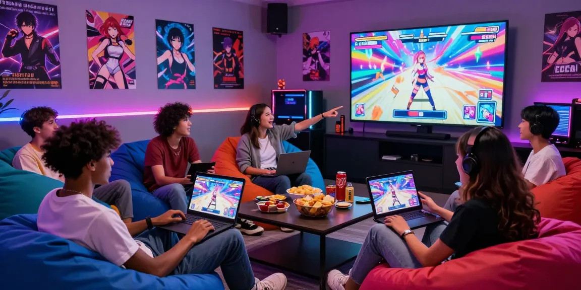 Friends enjoying ecchi games online in a vibrant gaming lounge, immersed in exciting gameplay.