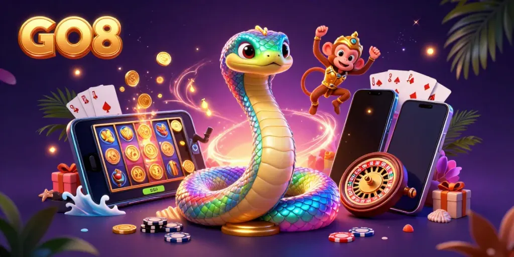 Engage in thrilling gameplay with GO8, featuring a rainbow serpent and treasure-filled slot reels.