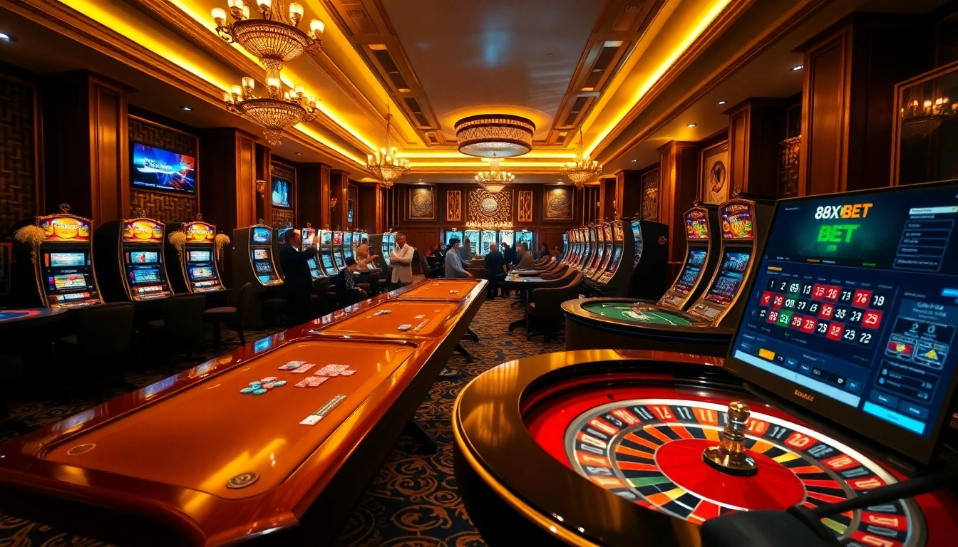 Experience high-stakes excitement with 88XX BET at a luxurious online casino, featuring vibrant slot machines and poker tables.