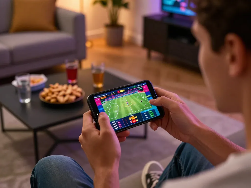Engaged gambler placing bets on sports events via the 58wiin mobile app in a cozy home setting.