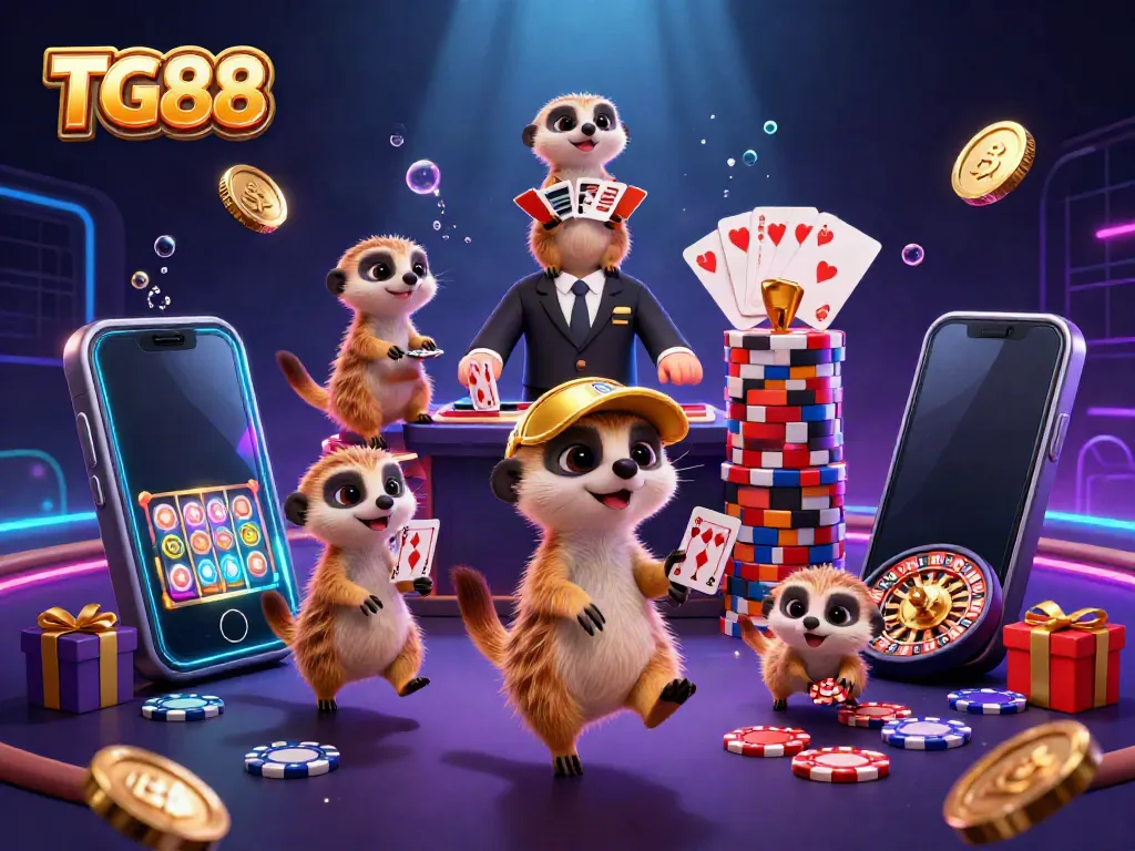 Engage in thrilling gameplay at TG88 with meerkats running a casino, showcasing slot games, cards, and dynamic chips.