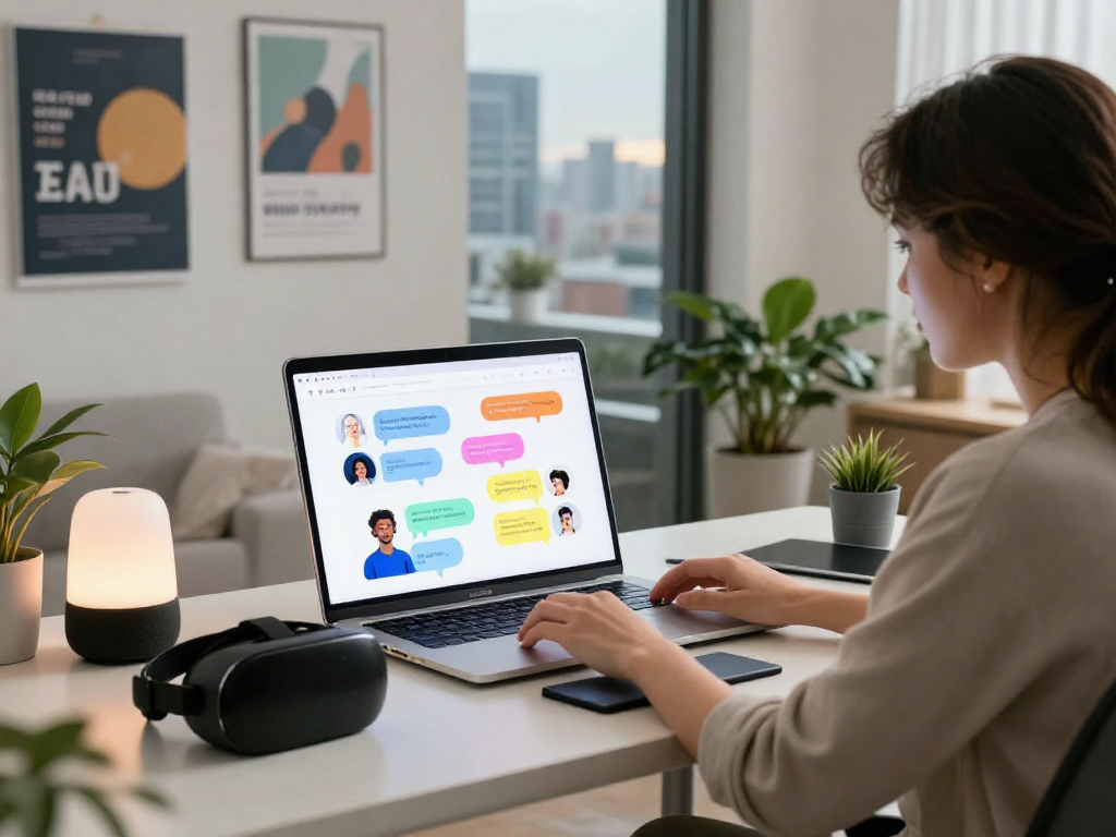 AI chat porn featuring interactive conversation on a laptop in a modern workspace setting.