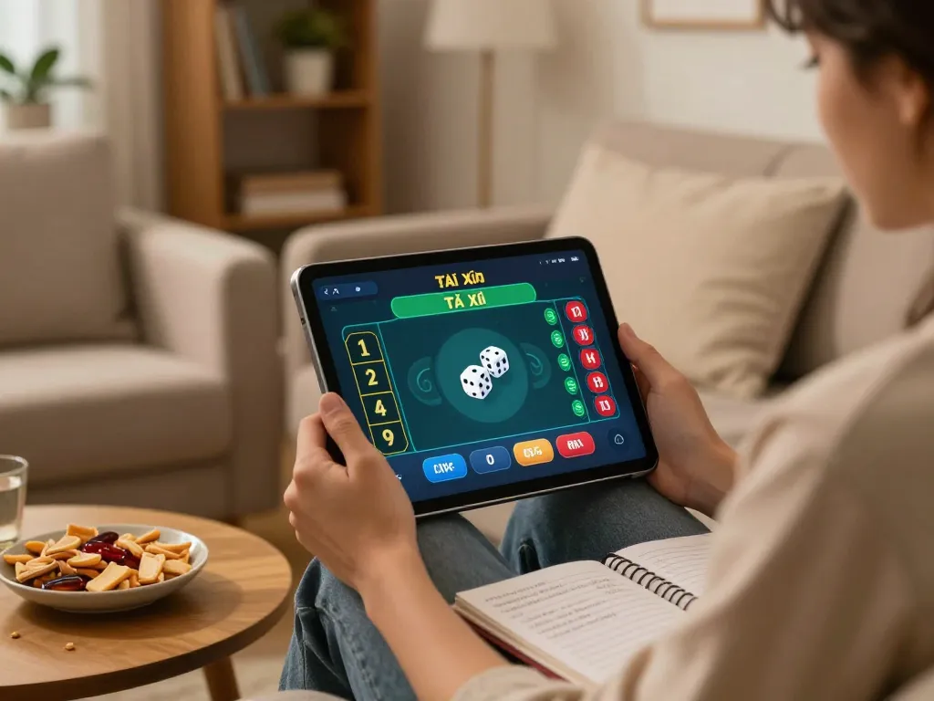 Tài Xỉu online gaming scene with player strategizing on tablet, showcasing responsible gambling practices.