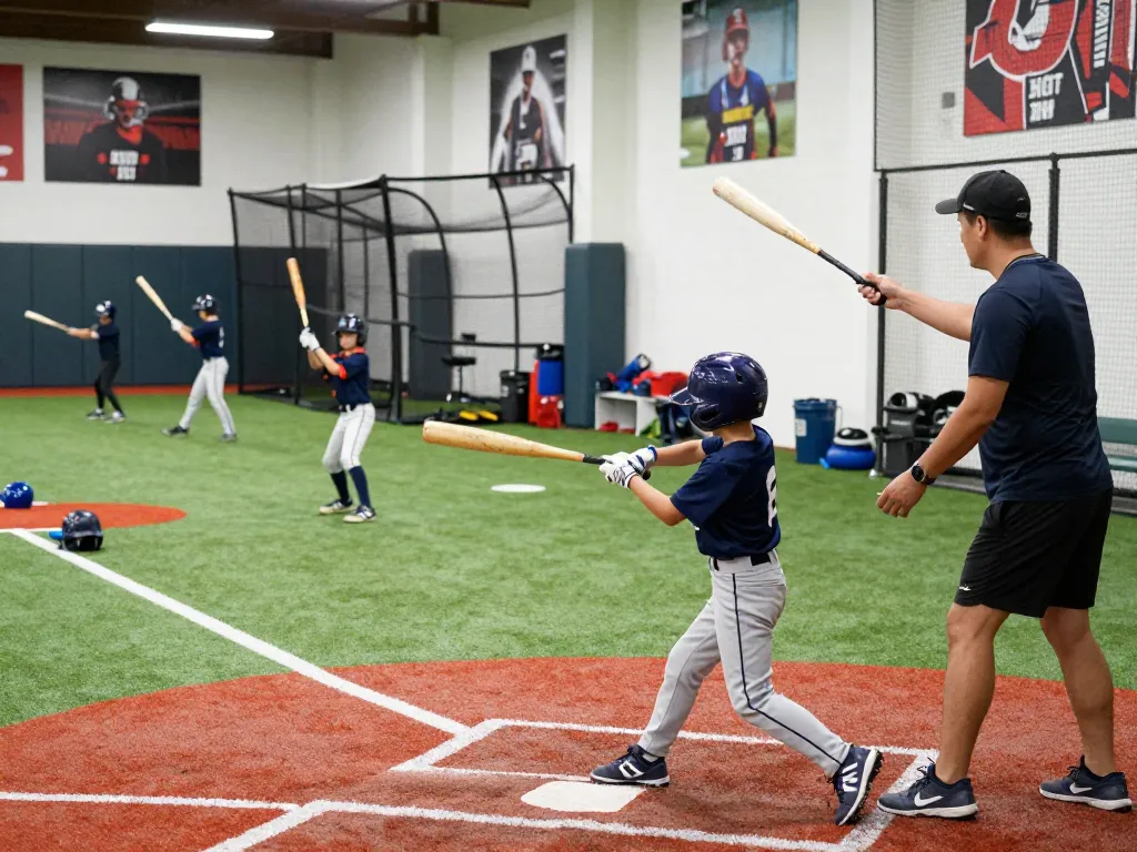 Hitclub baseball training scene with young athletes practicing hitting techniques indoors.