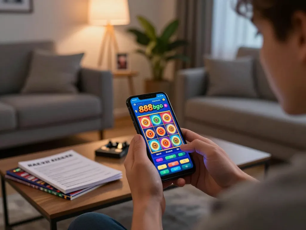 Player enjoying the 888bgo mobile casino app on their smartphone in a cozy living room.