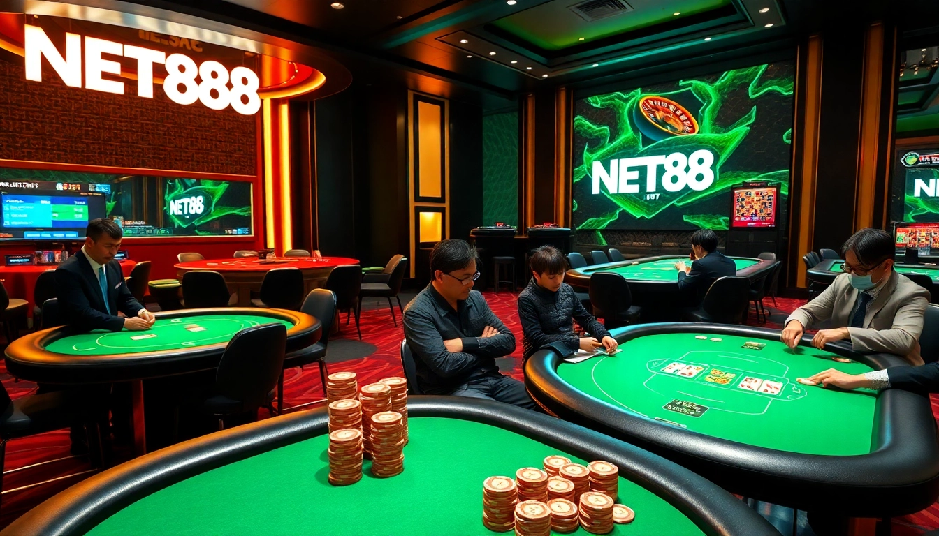 NET88 poker scene showcasing high stakes, professional gameplay, and vibrant casino atmosphere.