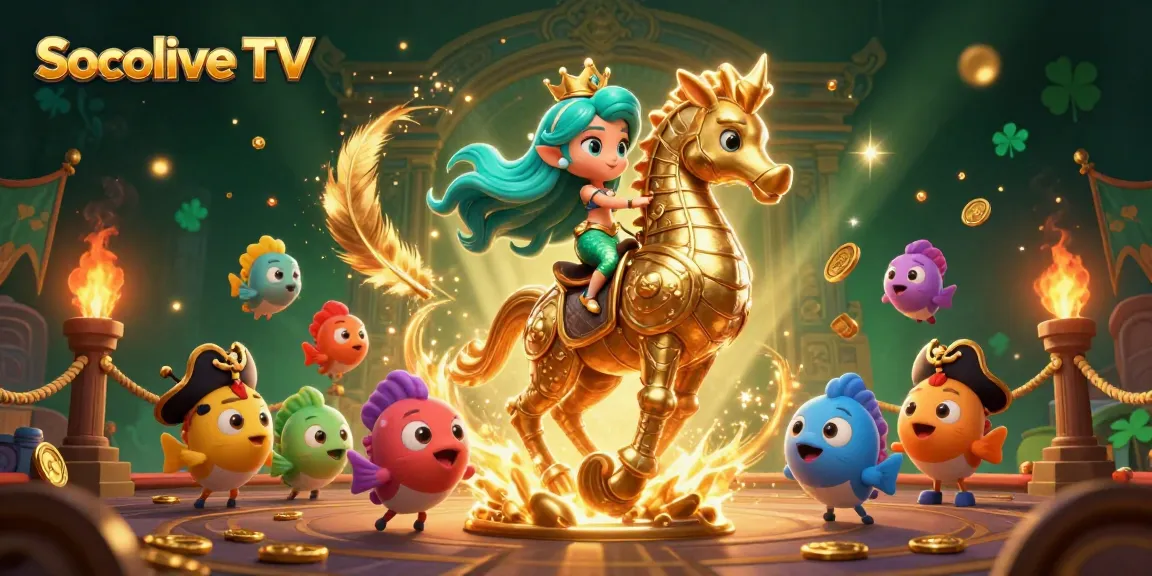 Socolive TV showcases an exciting 3D casino-themed scene featuring a mermaid princess, giant seahorse, and vibrant underwater characters.