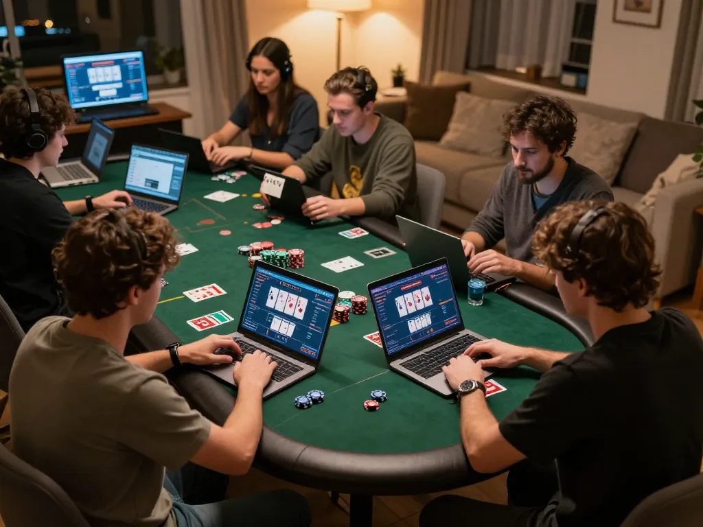 Active online poker scene featuring players engaged in a game at home, showcasing hay88x platform dynamics