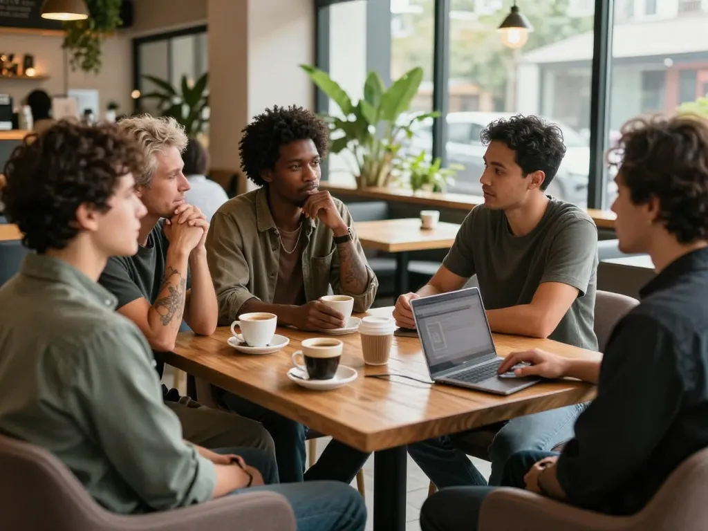 Diverse men at a café discussing mental health in a supportive manclub environment